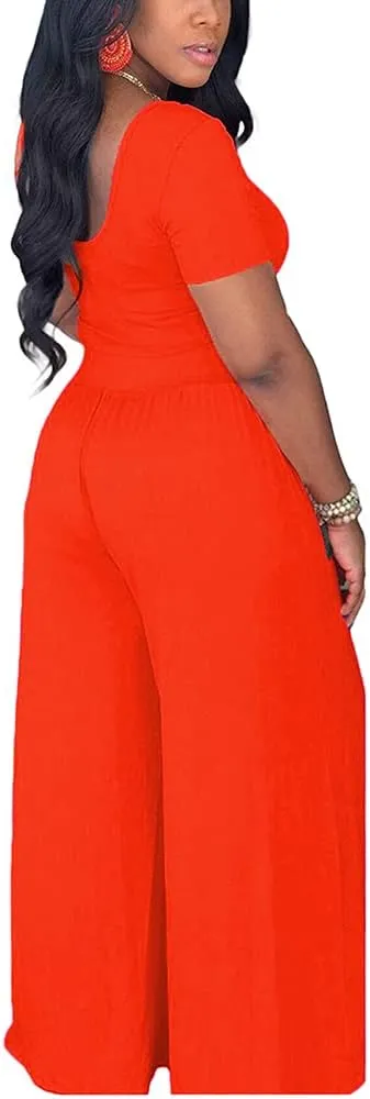 2 Piece Outfits for Women Sexy Backless Short Sleeve Crop Top High Waist Wide Leg Long Pant Sets Tracksuit Sport Set
