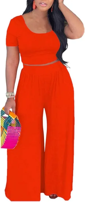 2 Piece Outfits for Women Sexy Backless Short Sleeve Crop Top High Waist Wide Leg Long Pant Sets Tracksuit Sport Set