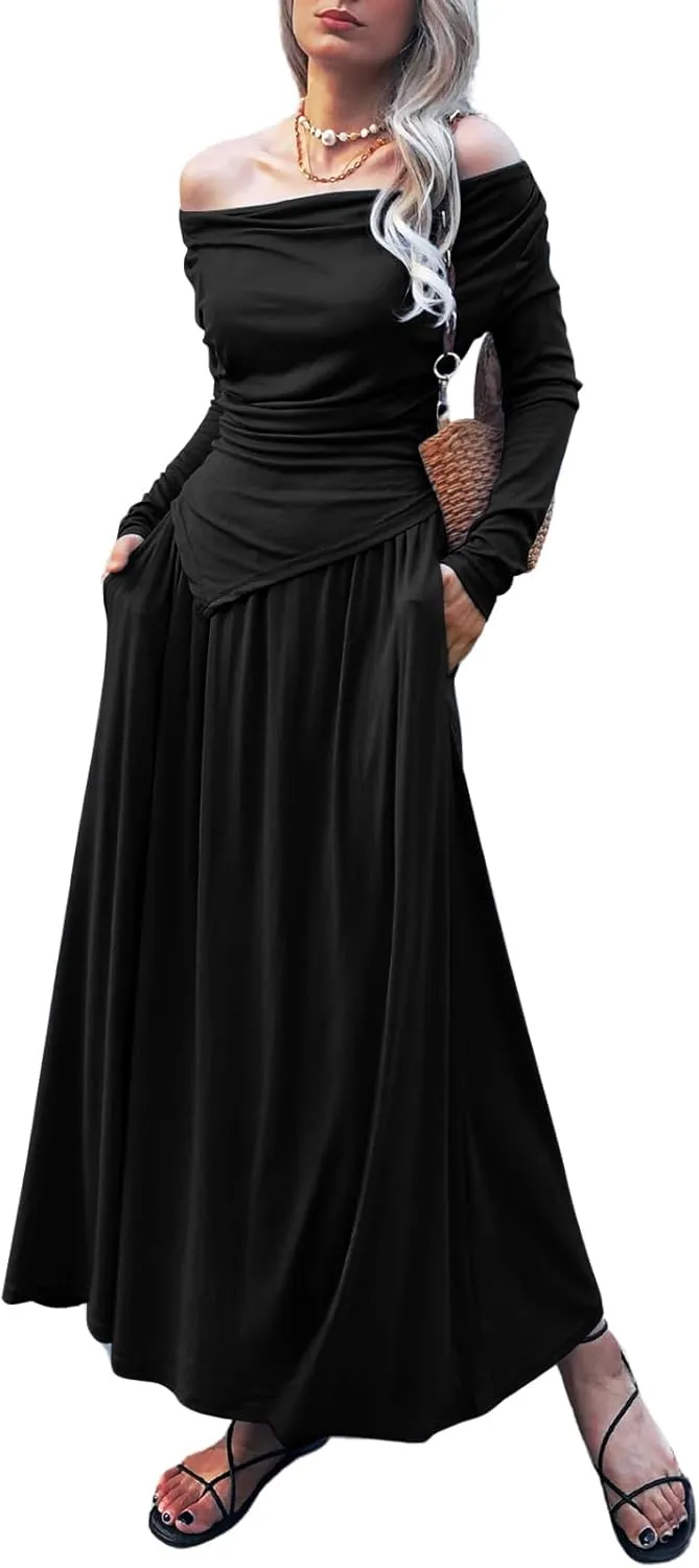 2 Piece Skirt Set for Women Ruched Long Sleeve Off Shoulder Tops Knit Maxi Skirts 2024 Fall Matching Sets with Pocket