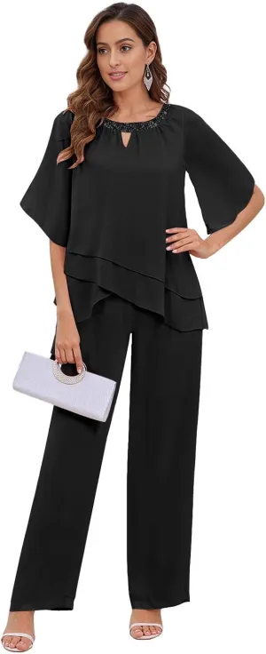 2 Pieces Mother of The Bride Pant Suits for Women Dressy Chiffon Sets Formal Wedding Guest Outfit with Sleeves