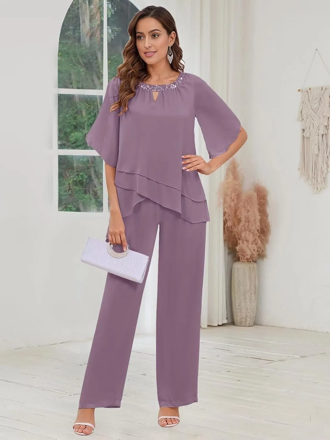 2 Pieces Mother of The Bride Pant Suits for Women Dressy Chiffon Sets Formal Wedding Guest Outfit with Sleeves