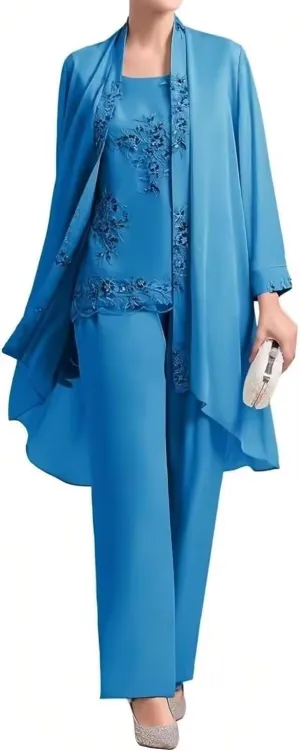 3 Piece Chiffon Mother of The Bride Pant Suits for Wedding Lace Applique Formal Outfits for Women Guest Long Sleeve