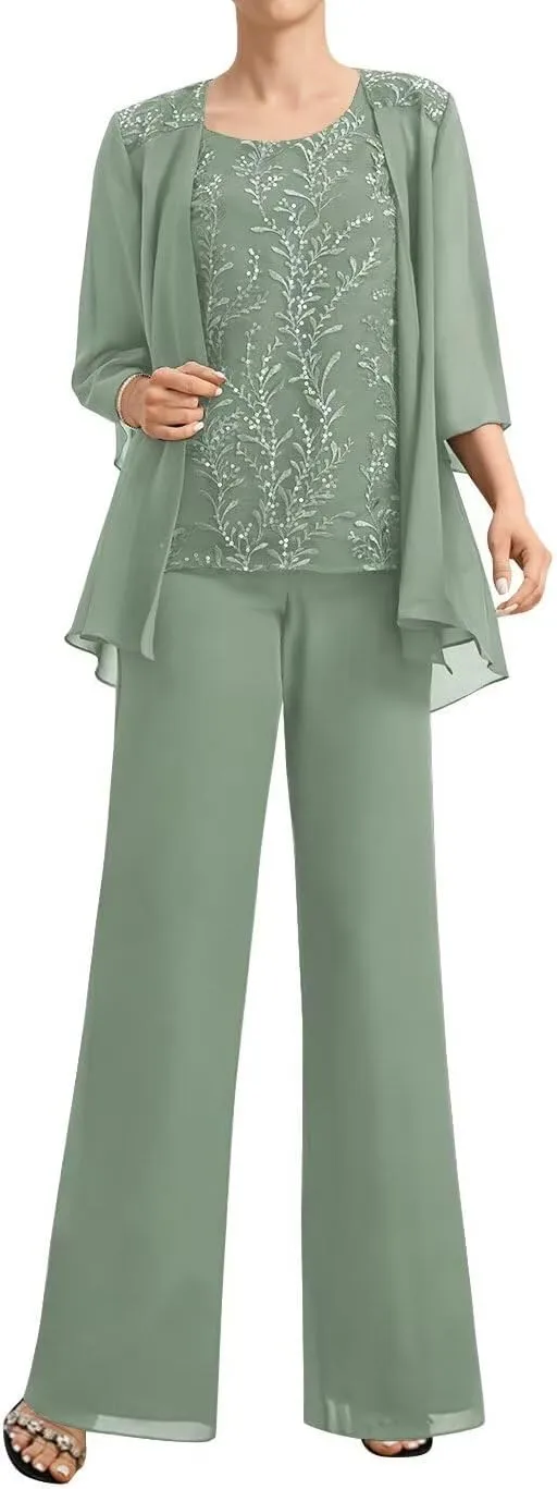 3 Piece Mother of The Bride Pant Suits for Wedding 3/4 Sleeve Chiffon Formal Pants Outfit with Jacket