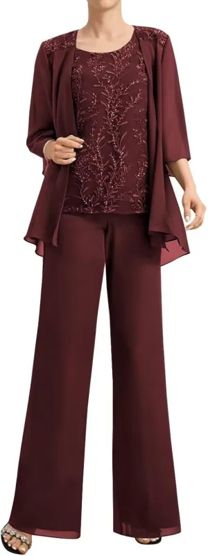3 Piece Mother of The Bride Pant Suits for Wedding 3/4 Sleeve Chiffon Formal Pants Outfit with Jacket