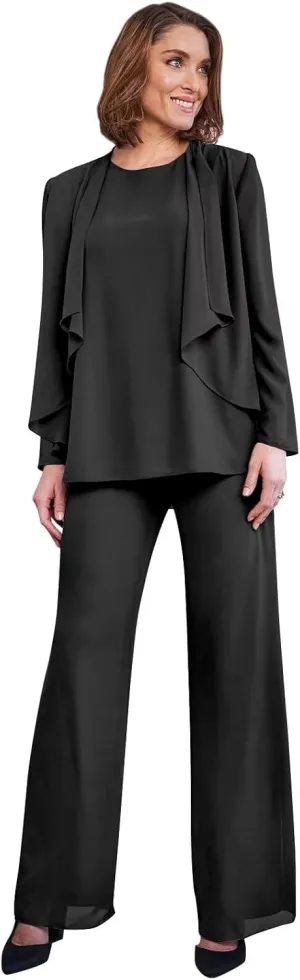 3 Pieces Classy Mother of The Bride Pant Suits with Jacket Long Sleeve Chiffon Pants Suits for Women Dressy