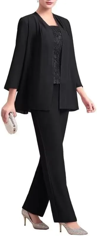 3 Pieces Mother of The Bride Dresses Pant Suits for Women Chiffon Lace Formal Outfit Evening Dress with Jacket