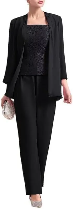 3 Pieces Mother of The Bride Dresses Pant Suits for Women Chiffon Lace Formal Outfit Evening Dress with Jacket