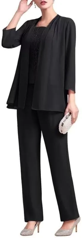 3 Pieces Mother of The Bride Dresses Pant Suits for Women Chiffon Lace Formal Outfit Evening Dress with Jacket