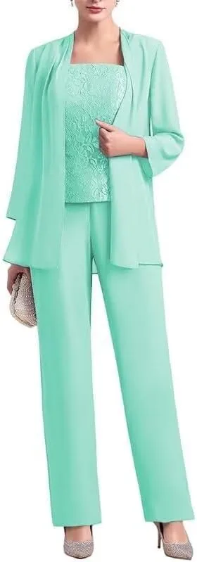 3 Pieces Mother of The Bride Dresses Pant Suits for Women Chiffon Lace Formal Outfit Evening Dress with Jacket