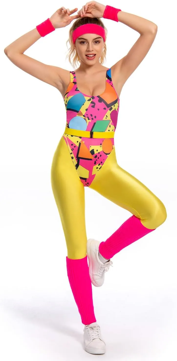 80s Workout Costume for Women Adult Aerobics Outfit Yoga Jumpsuit 90s Retro Accessories Set Leotard Legging Headband