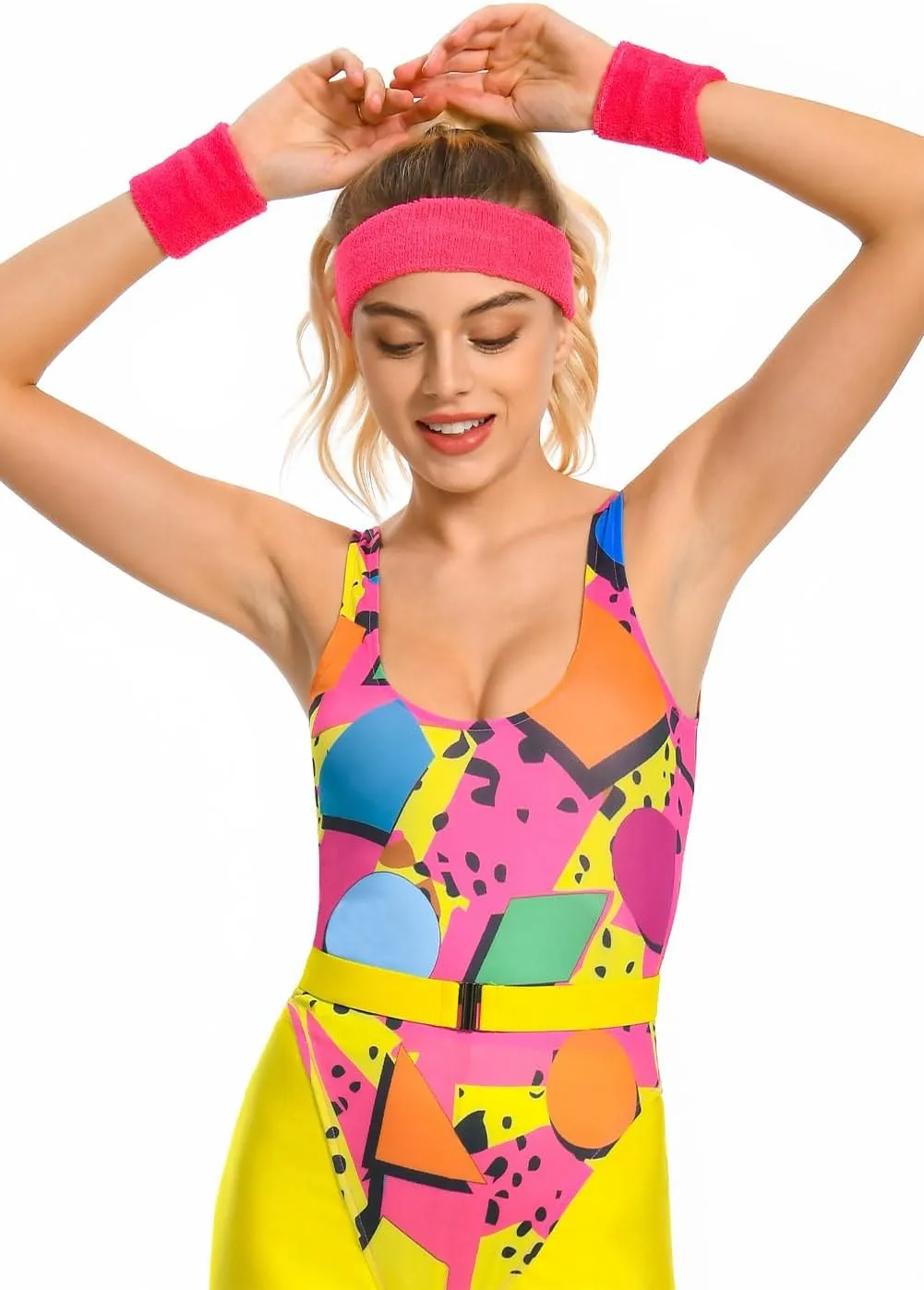 80s Workout Costume for Women Adult Aerobics Outfit Yoga Jumpsuit 90s Retro Accessories Set Leotard Legging Headband