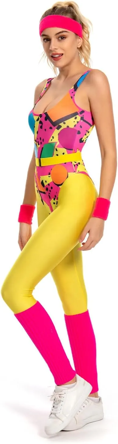 80s Workout Costume for Women Adult Aerobics Outfit Yoga Jumpsuit 90s Retro Accessories Set Leotard Legging Headband