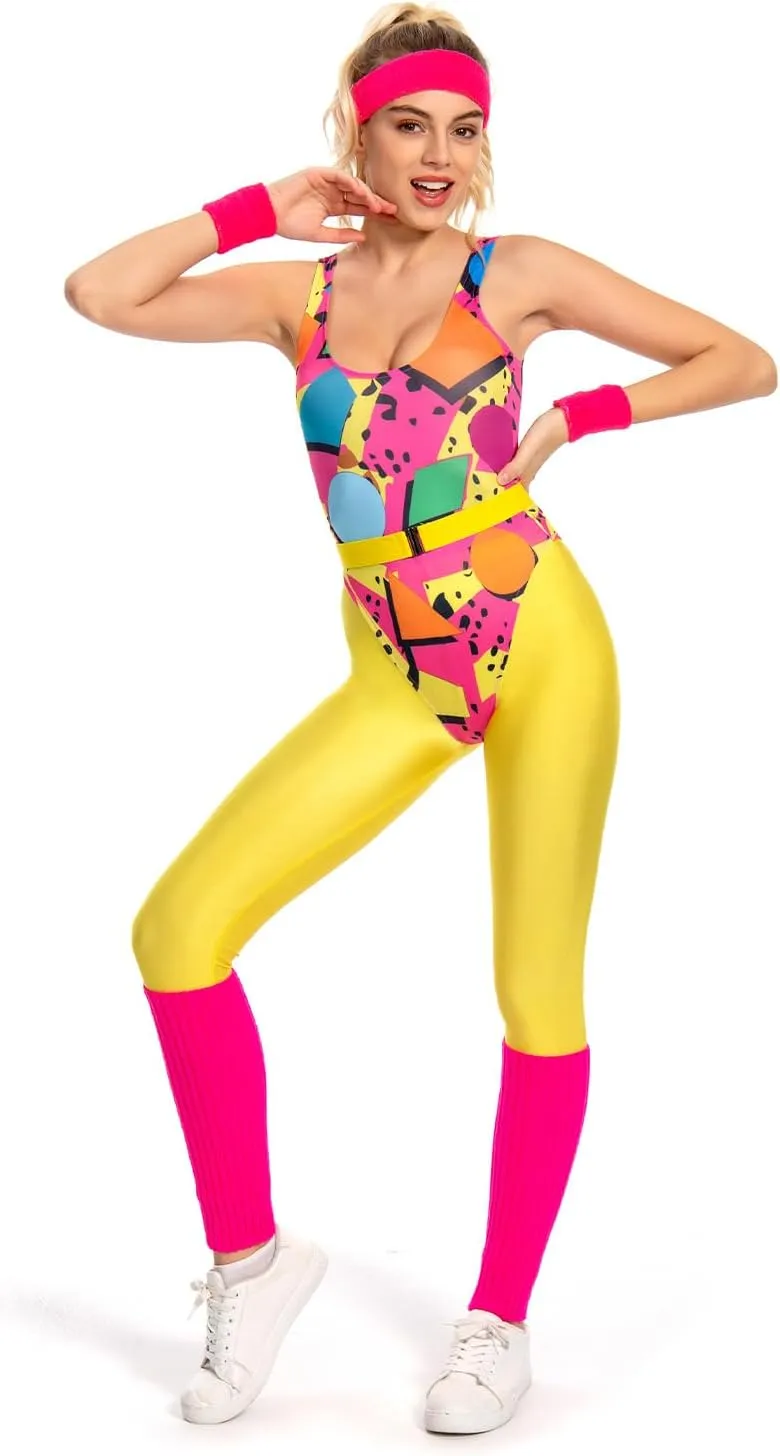 80s Workout Costume for Women Adult Aerobics Outfit Yoga Jumpsuit 90s Retro Accessories Set Leotard Legging Headband