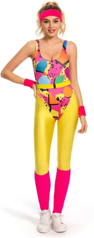 80s Workout Costume for Women Adult Aerobics Outfit Yoga Jumpsuit 90s Retro Accessories Set Leotard Legging Headband