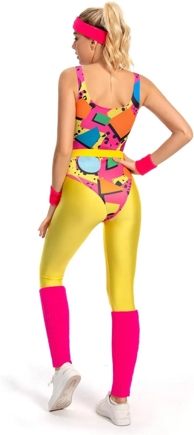 80s Workout Costume for Women Adult Aerobics Outfit Yoga Jumpsuit 90s Retro Accessories Set Leotard Legging Headband