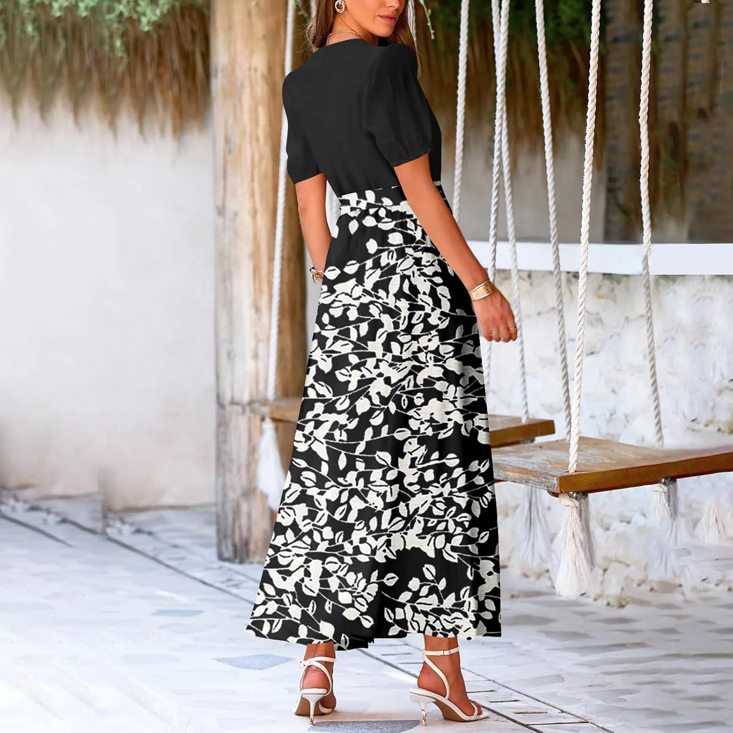 ADHOWBEW Women Dresses 2025 Vacation Boho Short Sleeve Split A Line Flowy Beach Sexy Plus Size V Neck Wrap Maxi Dress