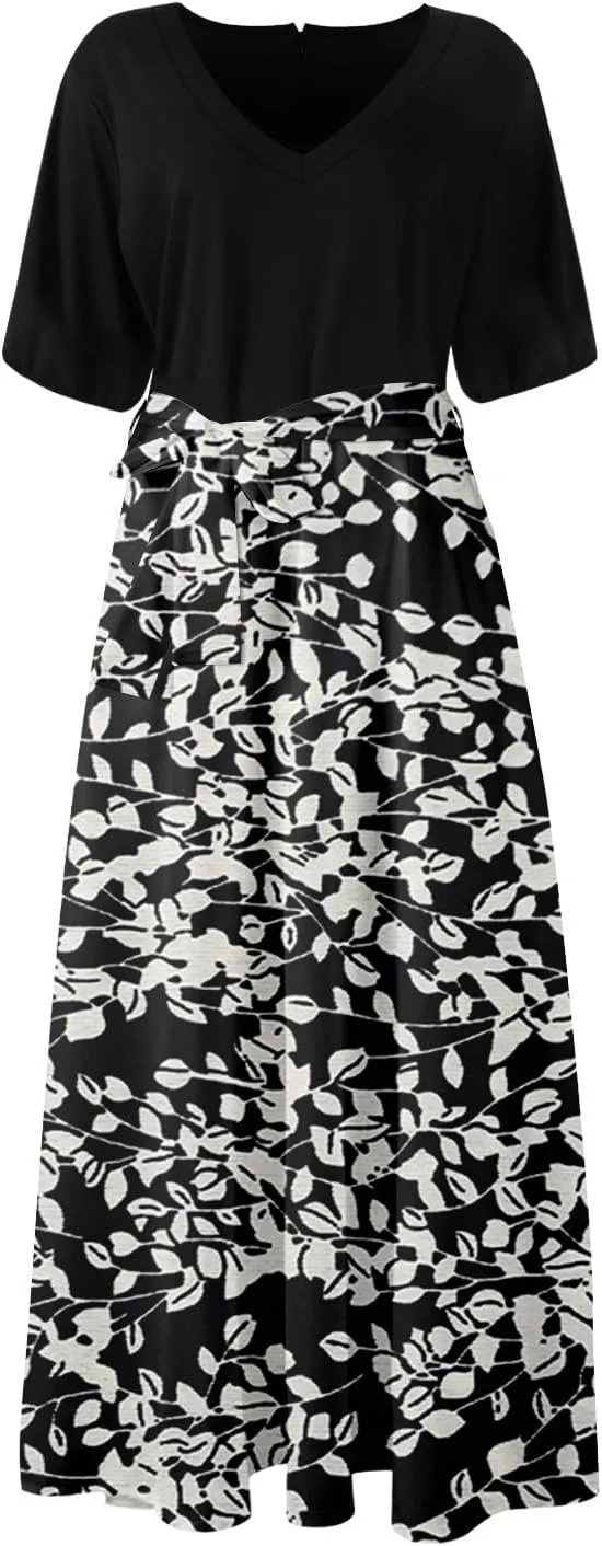 ADHOWBEW Women Dresses 2025 Vacation Boho Short Sleeve Split A Line Flowy Beach Sexy Plus Size V Neck Wrap Maxi Dress