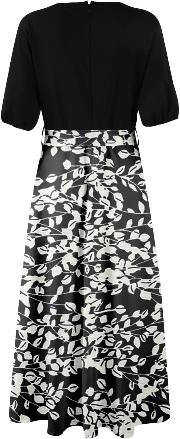 ADHOWBEW Women Dresses 2025 Vacation Boho Short Sleeve Split A Line Flowy Beach Sexy Plus Size V Neck Wrap Maxi Dress