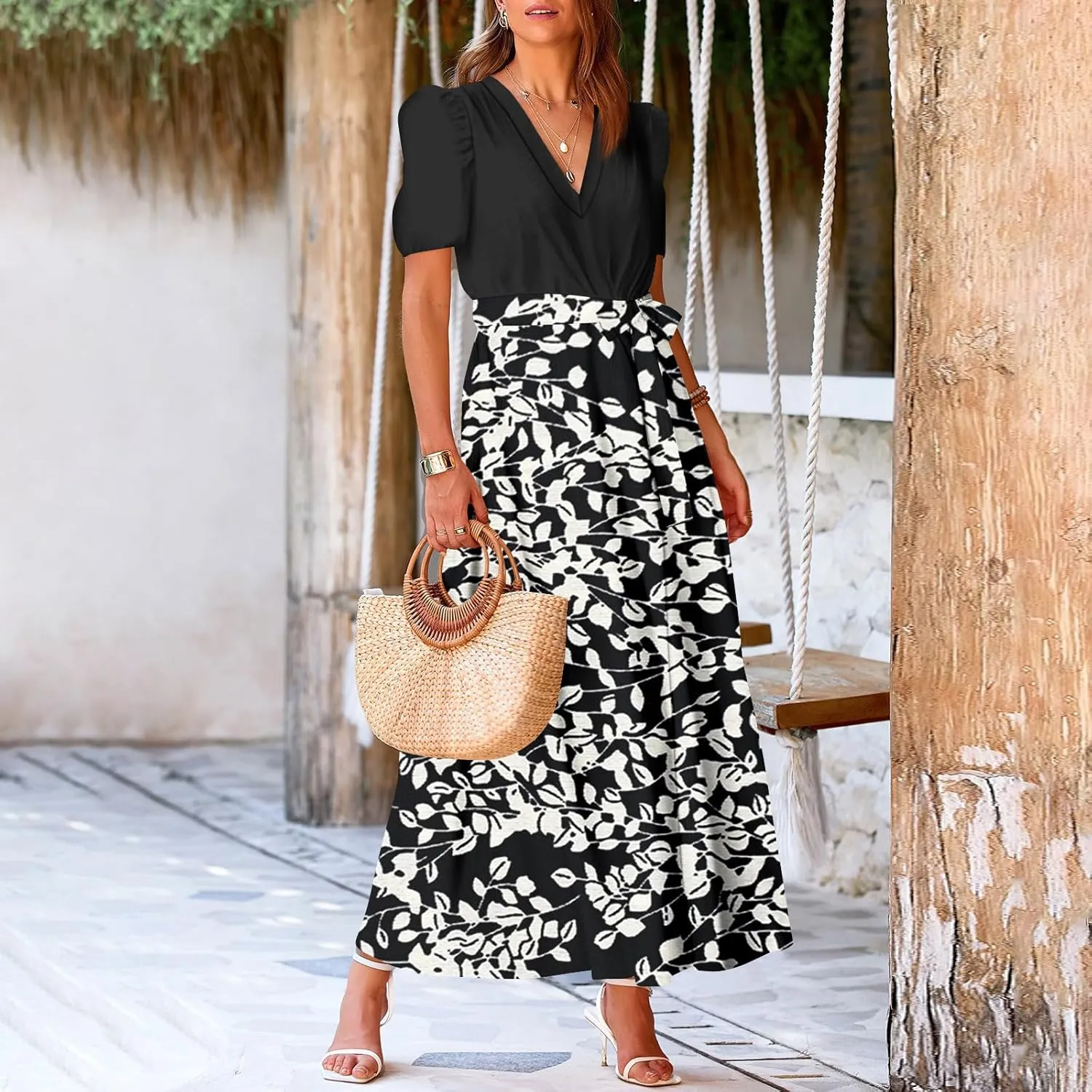 ADHOWBEW Women Dresses 2025 Vacation Boho Short Sleeve Split A Line Flowy Beach Sexy Plus Size V Neck Wrap Maxi Dress