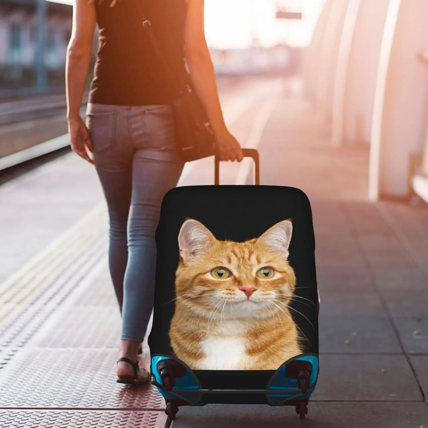 Adorable Yellow Cat Portrait Travel Luggage Cover Fits 18-32 Inch Luggage, Stretch Suitcase Cover Protector with Concealed Zipper for Wheeled Suitcase Tsa Approved