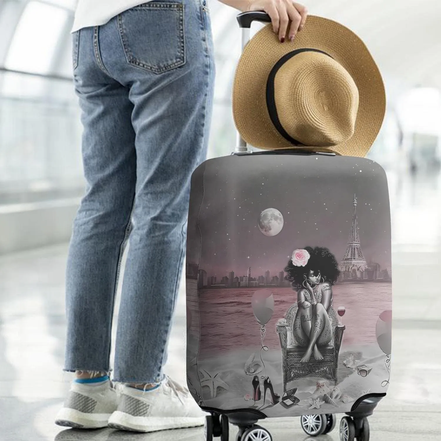 African American Black Girl Luggage Protective Cover Pink and Black Beach Paris Eiffel Tower Suitcase Cover Fit 22-24 Inch Luggage