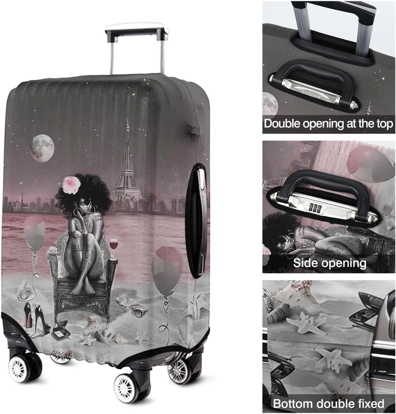 African American Black Girl Luggage Protective Cover Pink and Black Beach Paris Eiffel Tower Suitcase Cover Fit 22-24 Inch Luggage