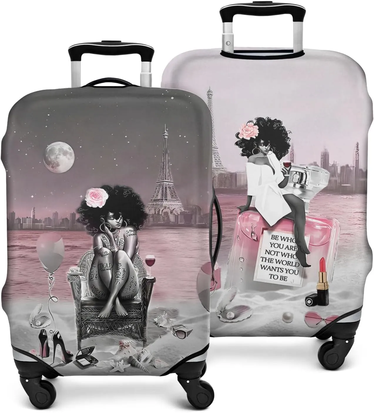 African American Black Girl Luggage Protective Cover Pink and Black Beach Paris Eiffel Tower Suitcase Cover Fit 22-24 Inch Luggage