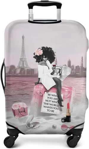 African American Black Girl Luggage Protective Cover Pink and Black Beach Paris Eiffel Tower Suitcase Cover Fit 22-24 Inch Luggage
