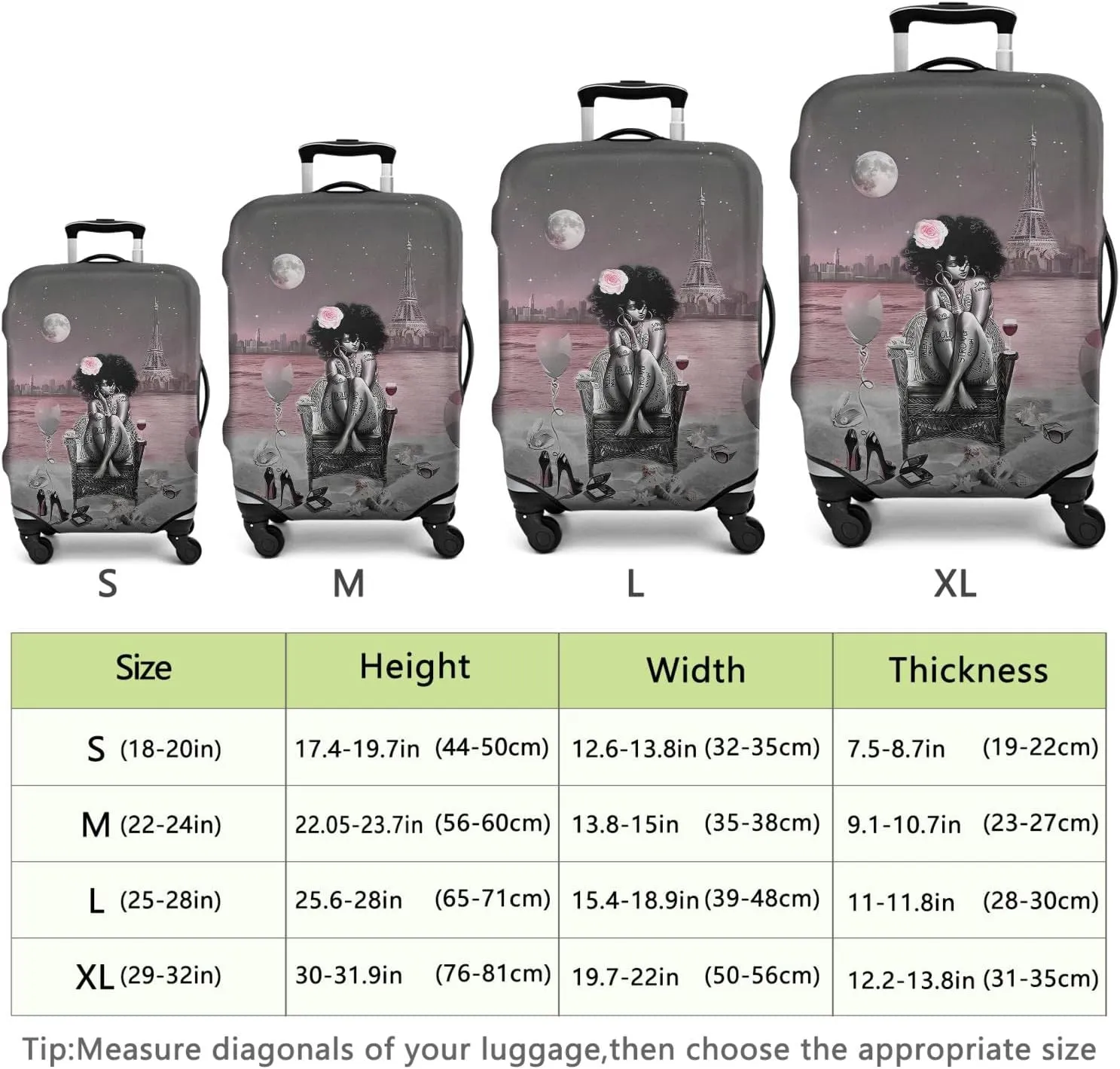 African American Black Girl Luggage Protective Cover Pink and Black Beach Paris Eiffel Tower Suitcase Cover Fit 22-24 Inch Luggage