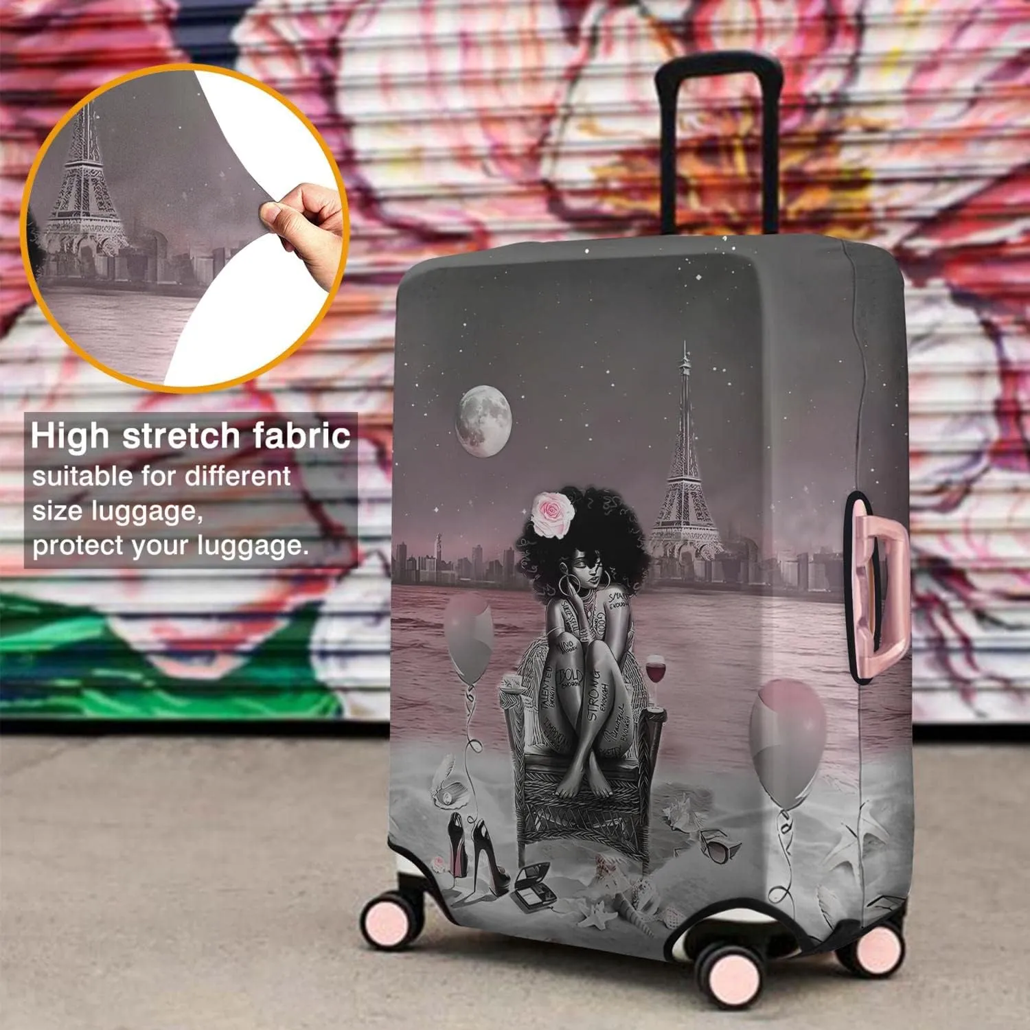 African American Black Girl Luggage Protective Cover Pink and Black Beach Paris Eiffel Tower Suitcase Cover Fit 22-24 Inch Luggage