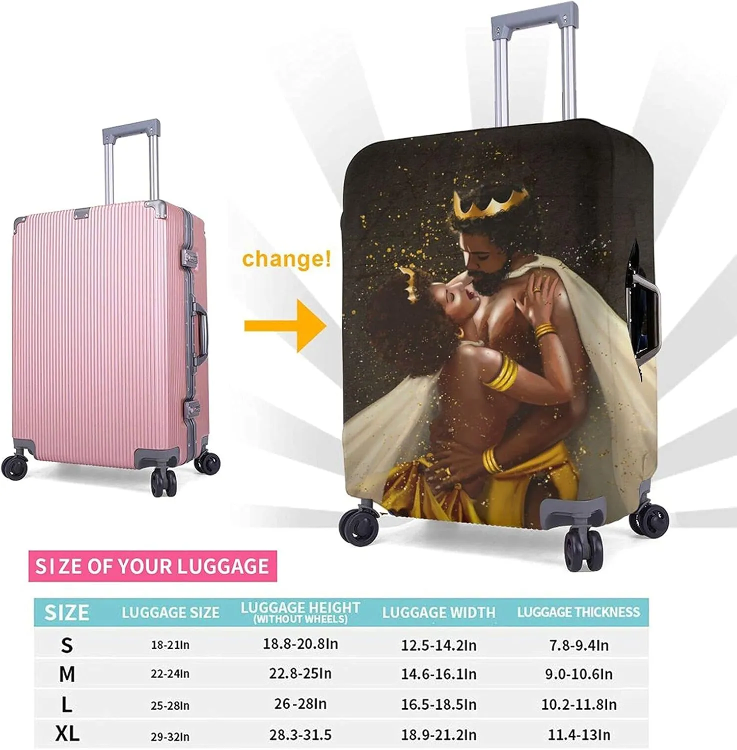 African Queen and King Couple Travel Luggage Cover Polyester Suitcase Protector Washable Baggage Covers L(27-30 inch luggage)