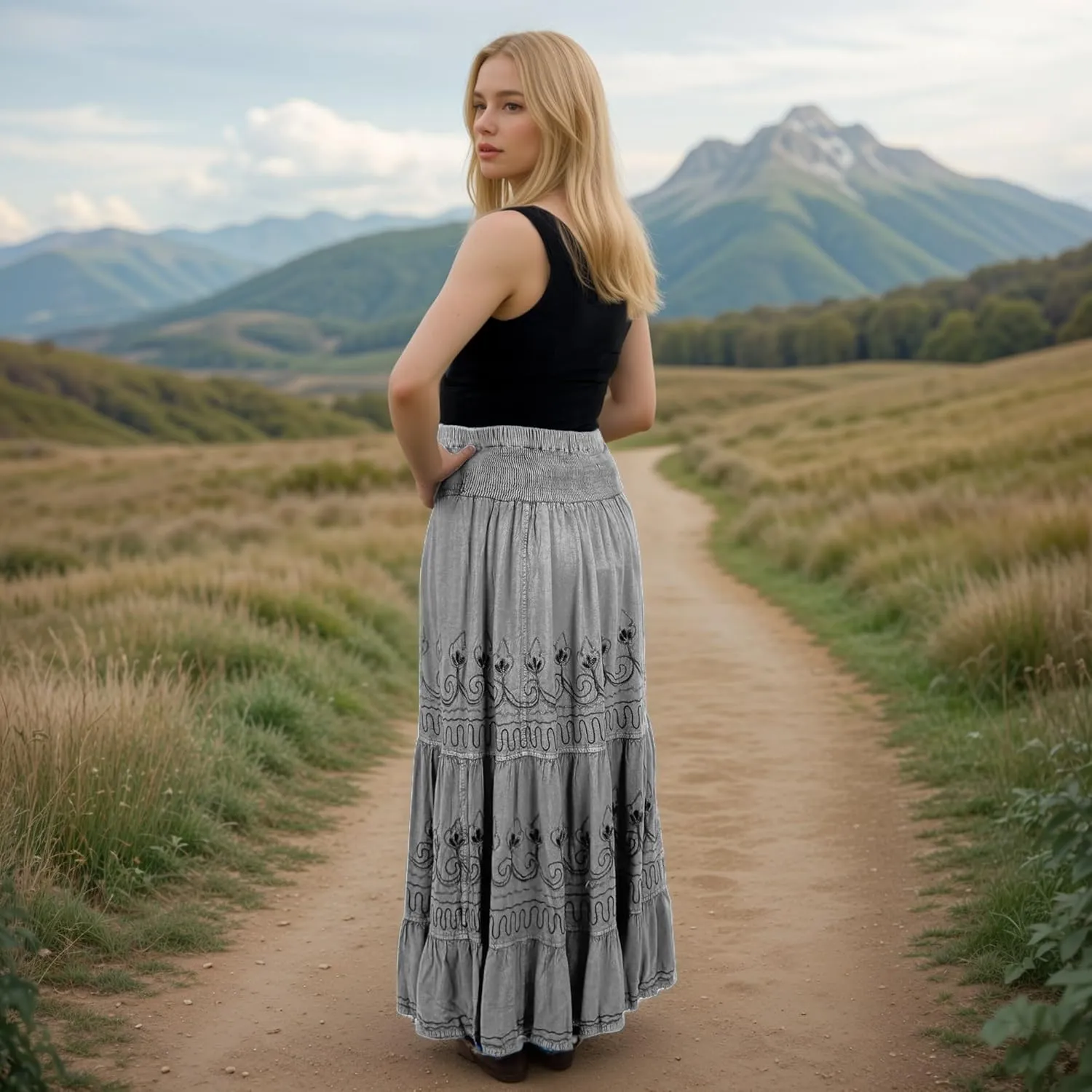 Agan Traders Women's 2025 Summer Peasant High Elastic Waistband Flared Gypsy Long Embroidered Maxi Skirt