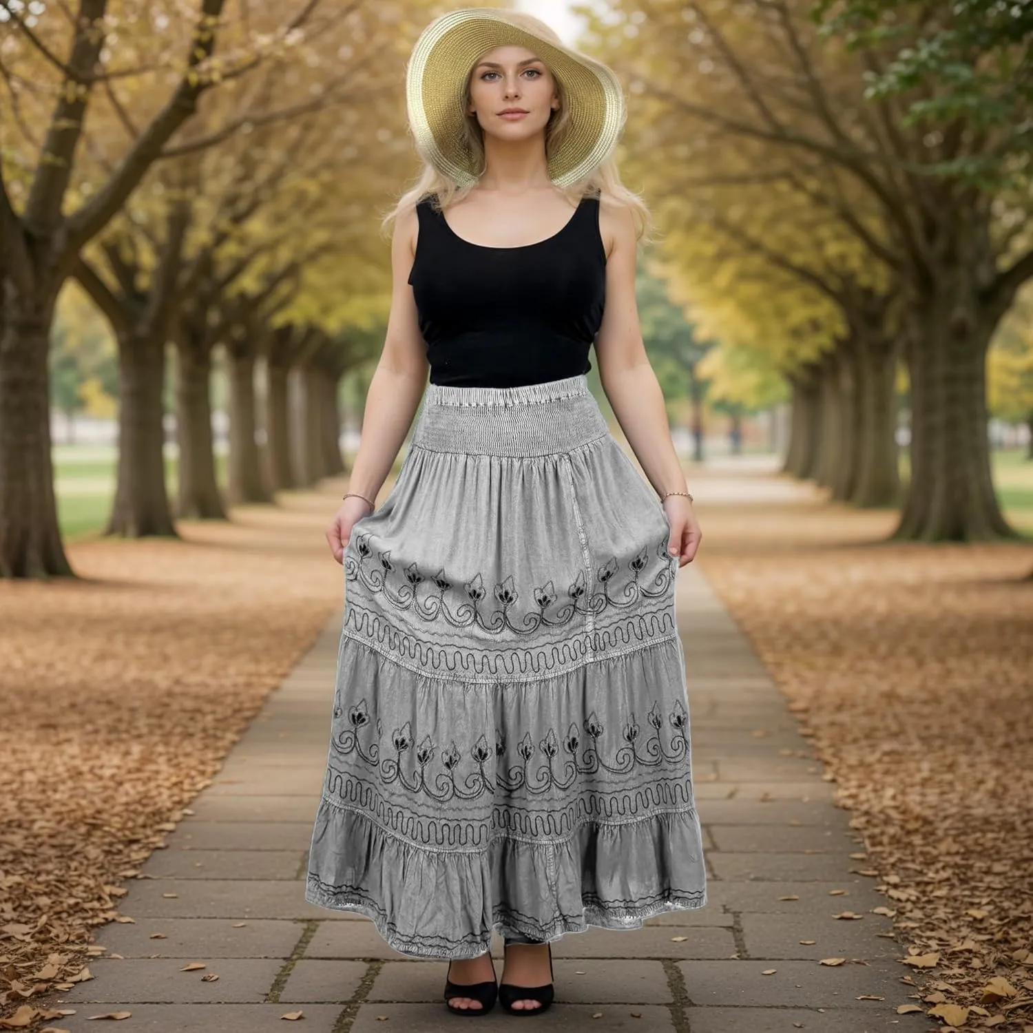 Agan Traders Women's 2025 Summer Peasant High Elastic Waistband Flared Gypsy Long Embroidered Maxi Skirt