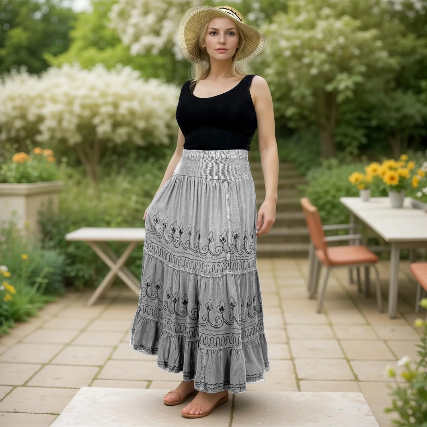Agan Traders Women's 2025 Summer Peasant High Elastic Waistband Flared Gypsy Long Embroidered Maxi Skirt