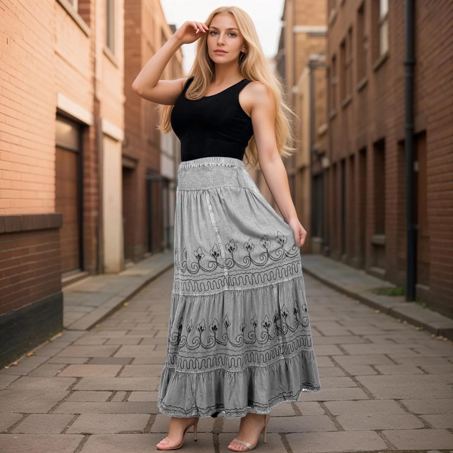 Agan Traders Women's 2025 Summer Peasant High Elastic Waistband Flared Gypsy Long Embroidered Maxi Skirt