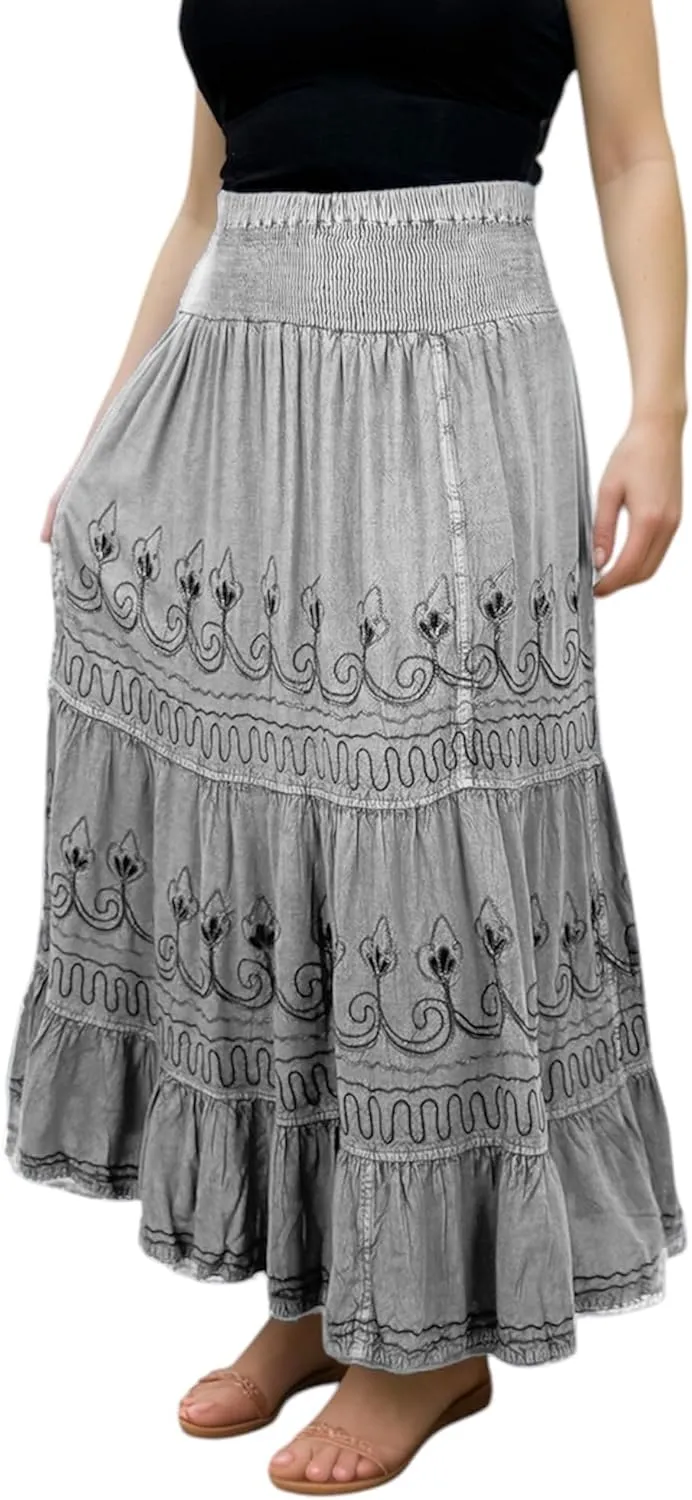 Agan Traders Women's 2025 Summer Peasant High Elastic Waistband Flared Gypsy Long Embroidered Maxi Skirt