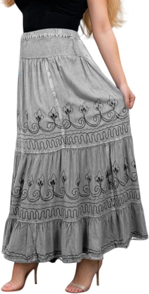 Agan Traders Women's 2025 Summer Peasant High Elastic Waistband Flared Gypsy Long Embroidered Maxi Skirt