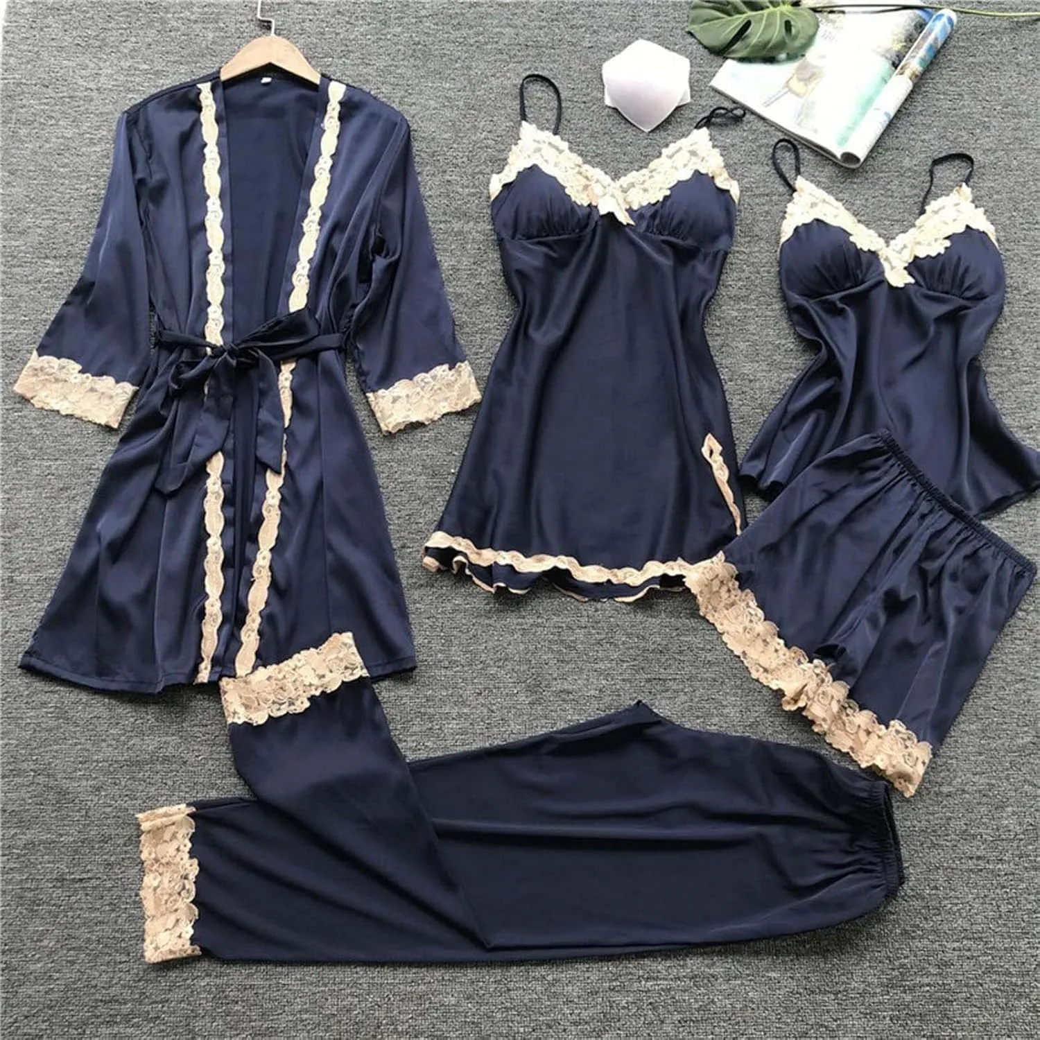 Akklian Sexy Pajama Set for Women 5 Piece Satin Lace Trim Silk Pjs Lounge Sets Sleepwear Cami Robes Nightgowns Shorts Pants