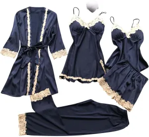 Akklian Sexy Pajama Set for Women 5 Piece Satin Lace Trim Silk Pjs Lounge Sets Sleepwear Cami Robes Nightgowns Shorts Pants