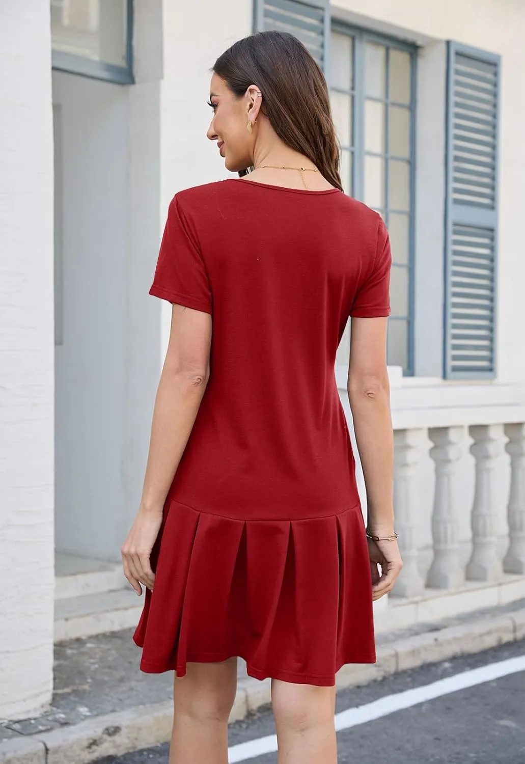 Alaster Queen Womens 2025 Summer T Shirt Pleated Dress Short Sleeve Casual Swing Tunic Dress with Pockets