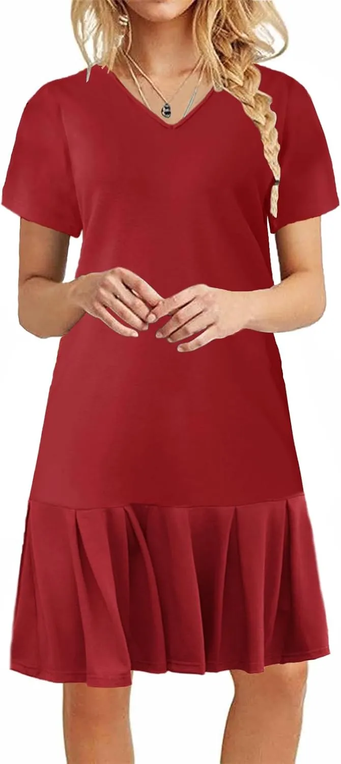 Alaster Queen Womens 2025 Summer T Shirt Pleated Dress Short Sleeve Casual Swing Tunic Dress with Pockets