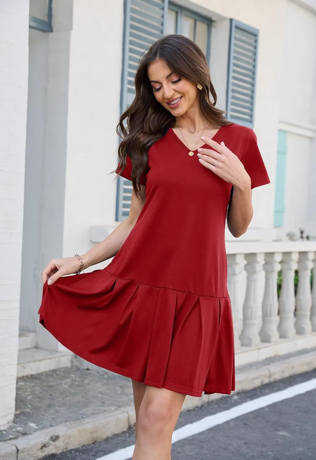 Alaster Queen Womens 2025 Summer T Shirt Pleated Dress Short Sleeve Casual Swing Tunic Dress with Pockets
