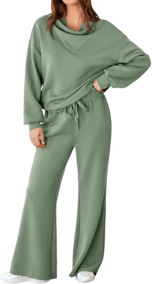 Aleumdr Women's 2 Piece Outfits Lounge Set Mock Neck Long Sleeve Sweatshirt With Wide Leg Pants Sweatsuit Fall 2025