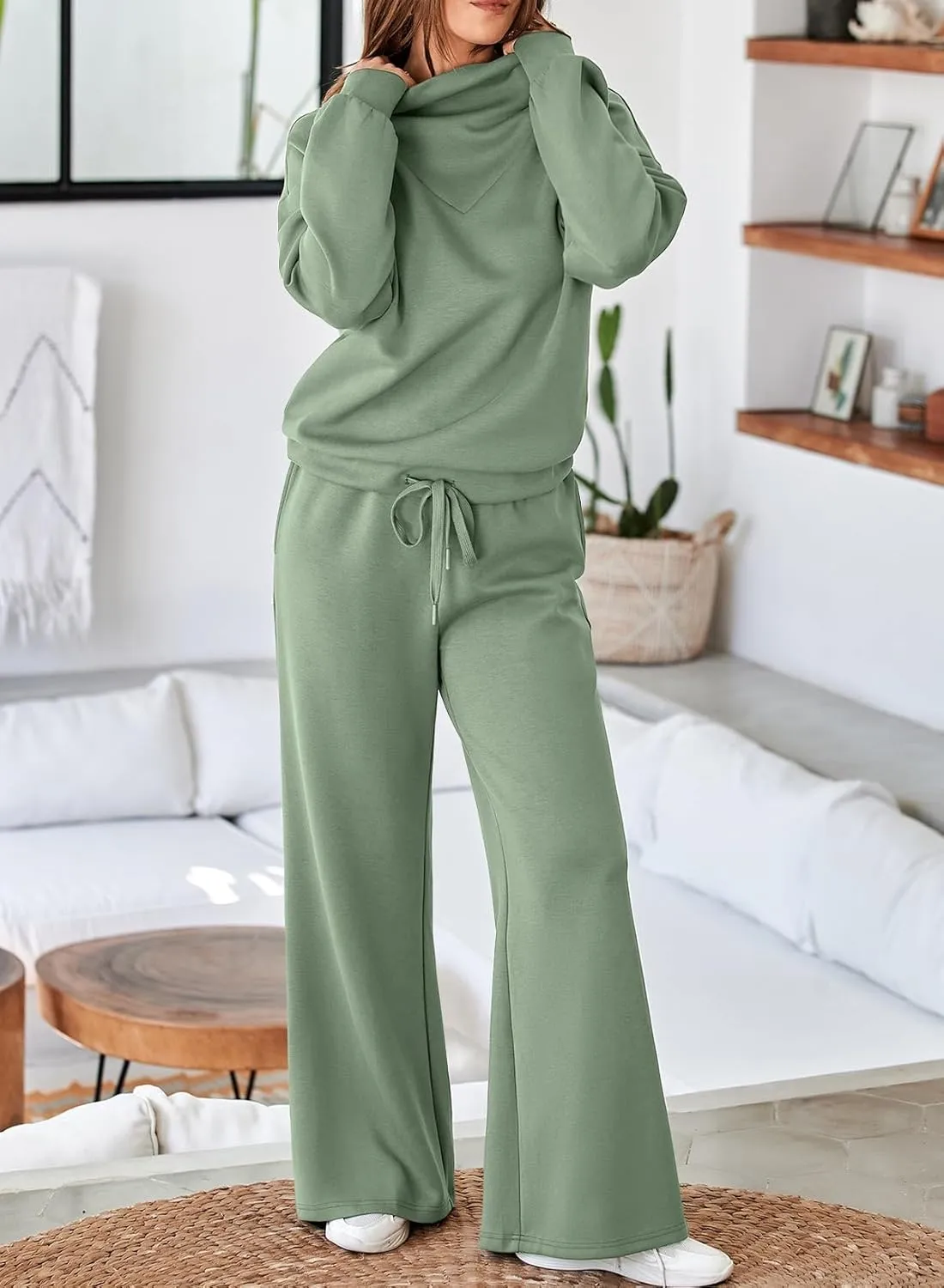 Aleumdr Women's 2 Piece Outfits Lounge Set Mock Neck Long Sleeve Sweatshirt With Wide Leg Pants Sweatsuit Fall 2025