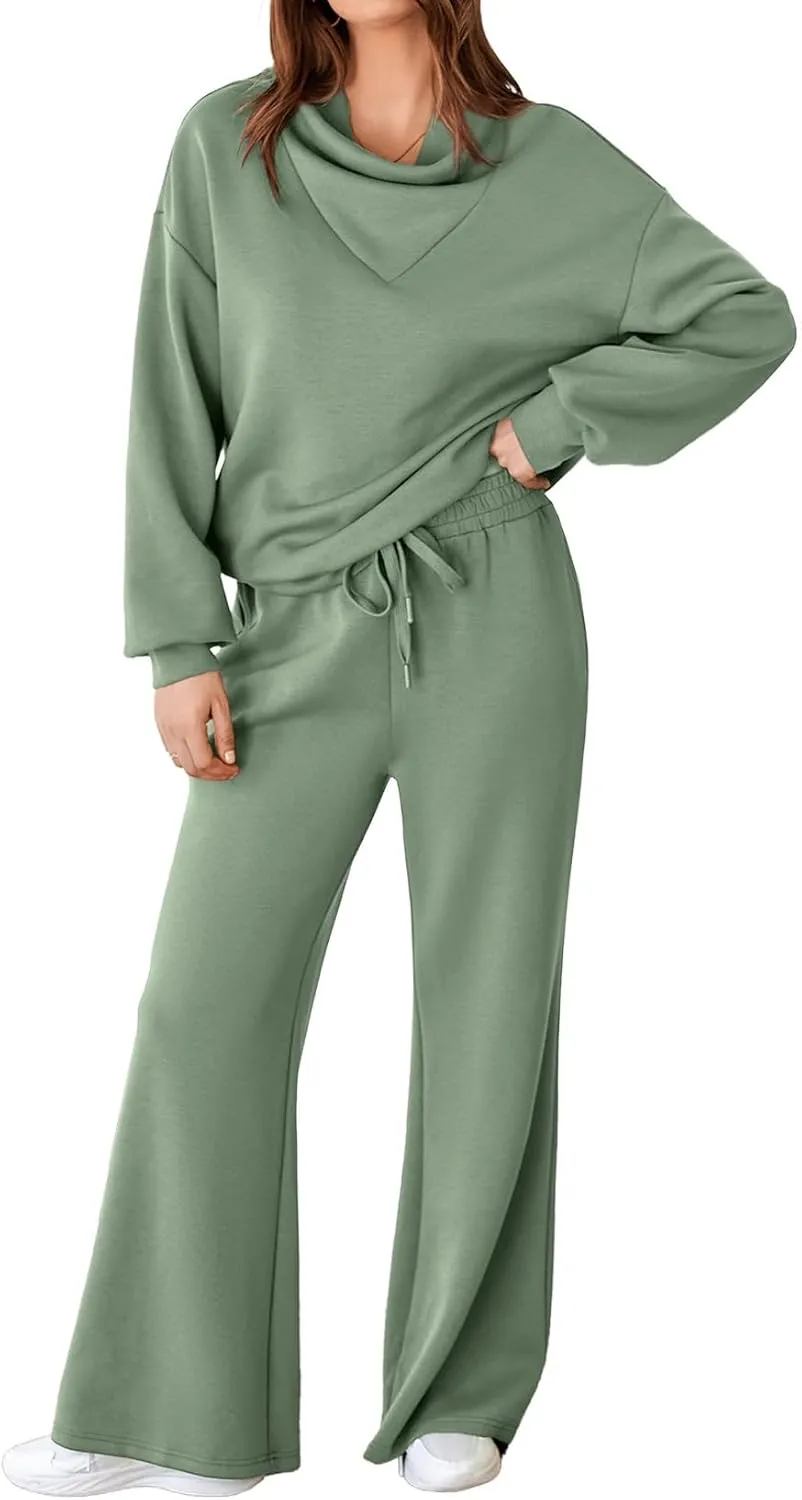 Aleumdr Women's 2 Piece Outfits Lounge Set Mock Neck Long Sleeve Sweatshirt With Wide Leg Pants Sweatsuit Fall 2025