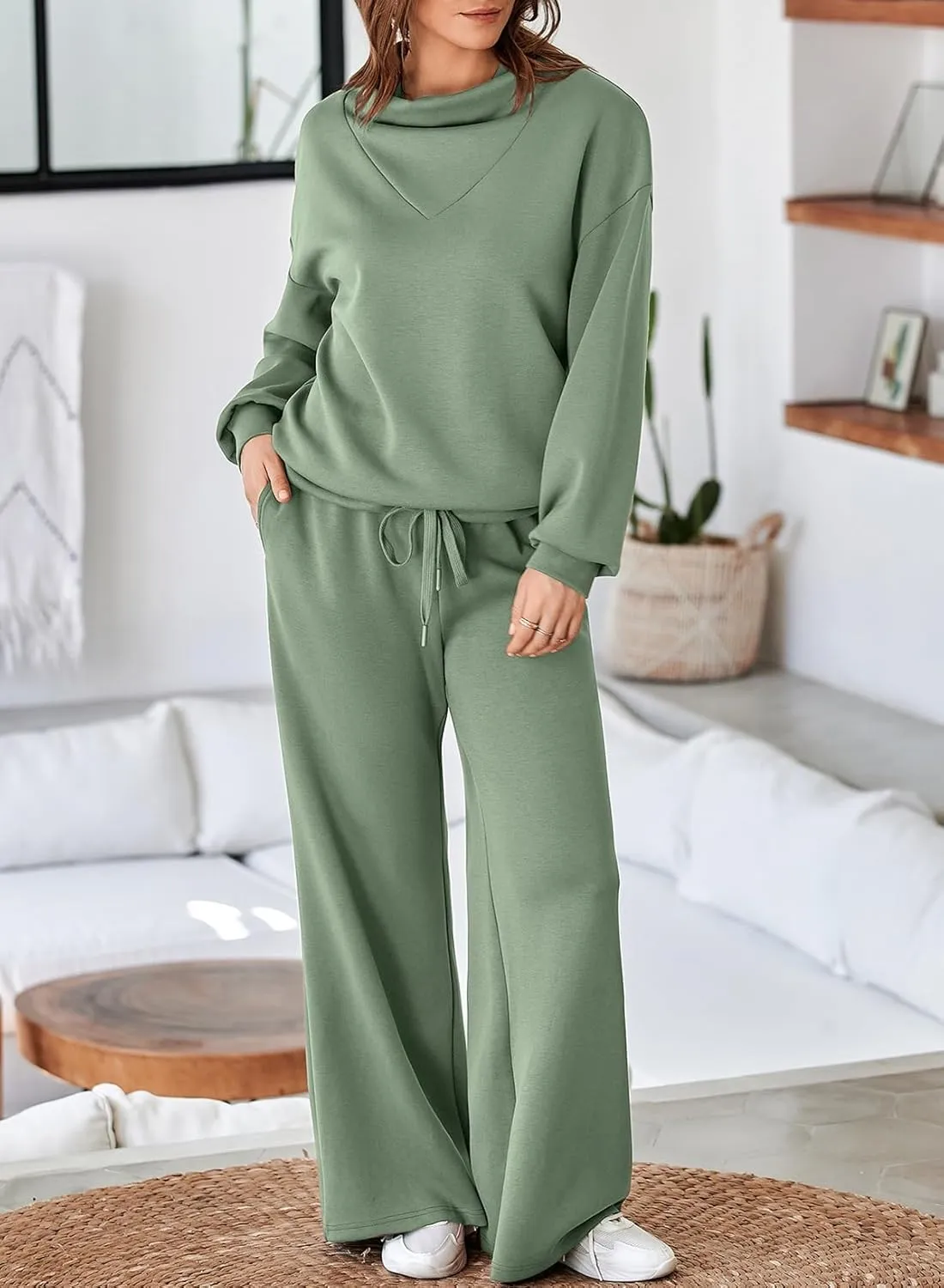 Aleumdr Women's 2 Piece Outfits Lounge Set Mock Neck Long Sleeve Sweatshirt With Wide Leg Pants Sweatsuit Fall 2025