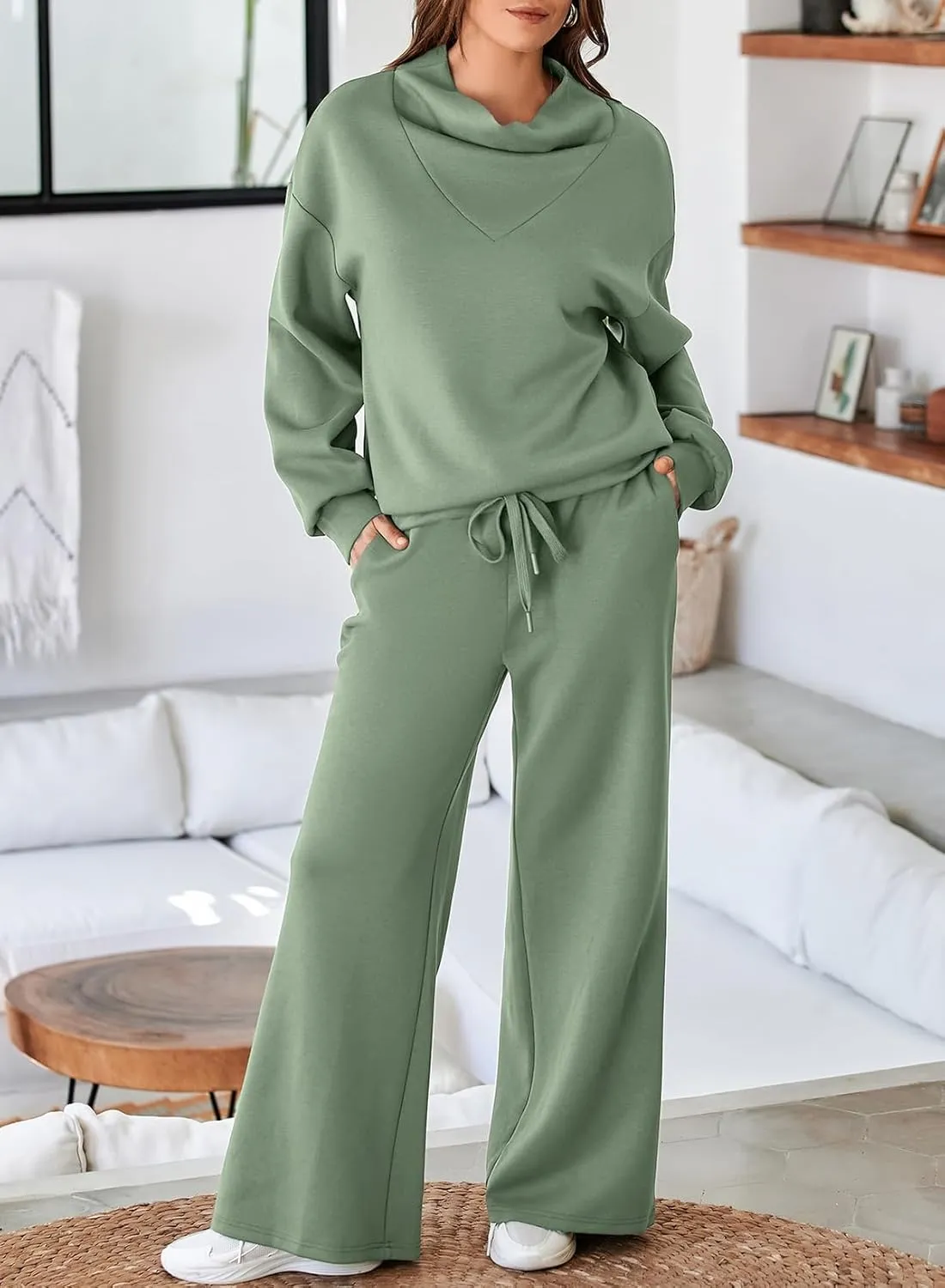 Aleumdr Women's 2 Piece Outfits Lounge Set Mock Neck Long Sleeve Sweatshirt With Wide Leg Pants Sweatsuit Fall 2025