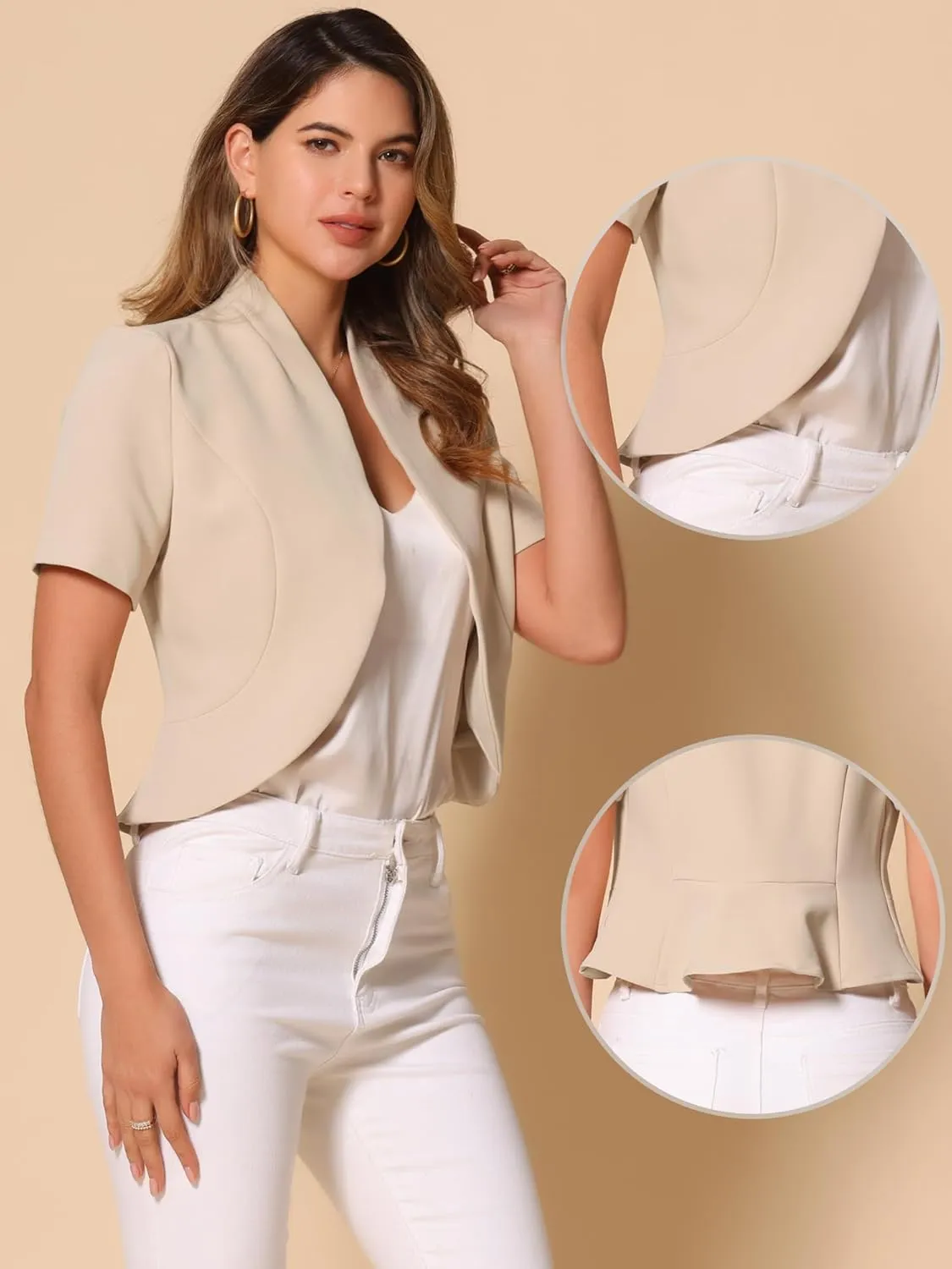 Allegra K Casual Business Cropped Blazer for Women's Short Sleeve Collarless Open Front Cardigan Work Jacket Shrug