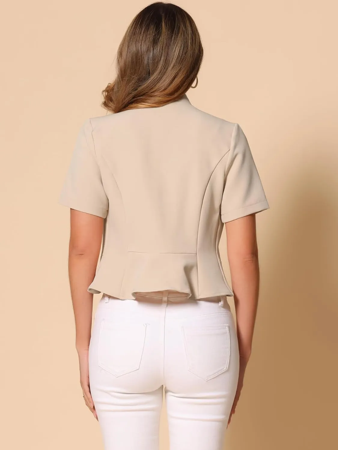 Allegra K Casual Business Cropped Blazer for Women's Short Sleeve Collarless Open Front Cardigan Work Jacket Shrug