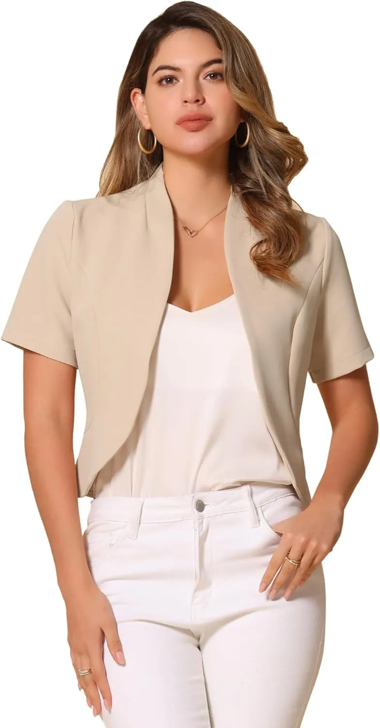 Allegra K Casual Business Cropped Blazer for Women's Short Sleeve Collarless Open Front Cardigan Work Jacket Shrug